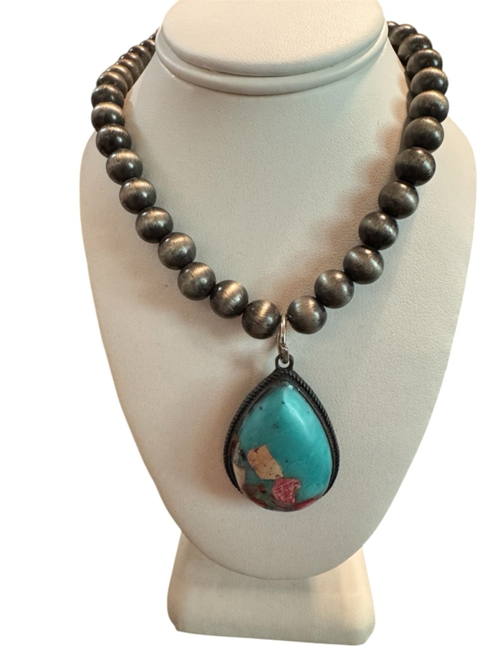 Southwestern Turquoise Stone Teardrop Pendant Necklace Navajo Pearl Style 22"+